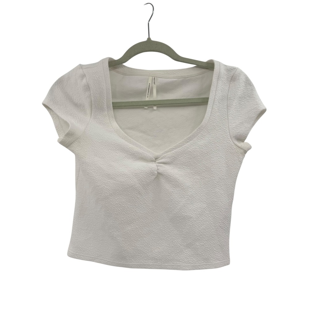 Anthropologie White Textured Sweetheart Twist Front Crop Top XS Short Sleeve